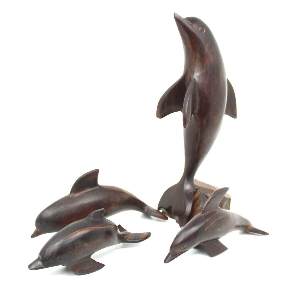 Vintage Hand Carved Hard Wood Dolphin Sculpture 4 pc Dolphins 12", & 3"-3 1/2"t